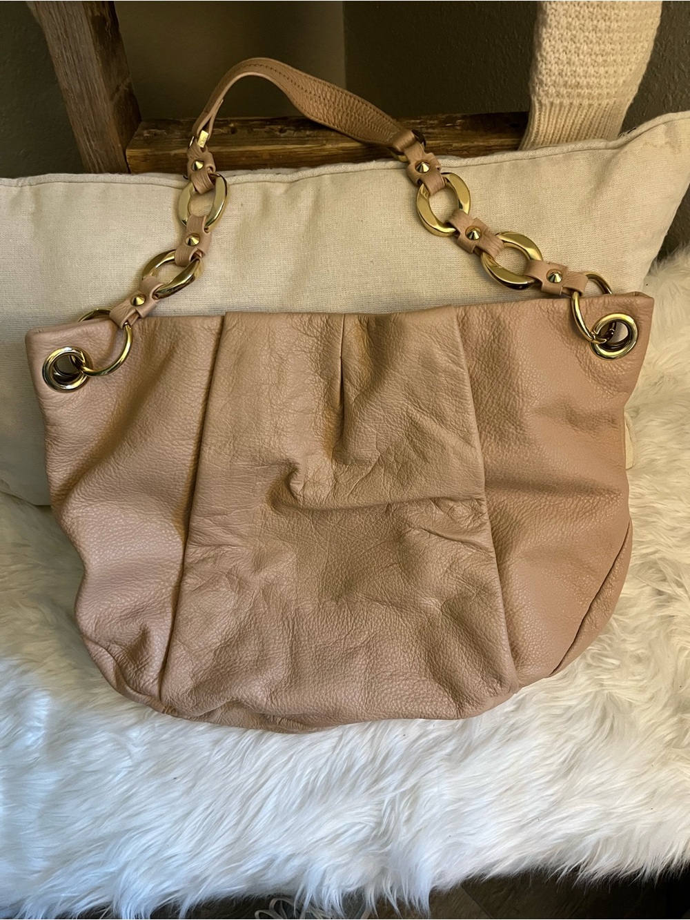 Charles Jourdan Blush Tan Leather Shoulder Bag with Gold Chain Links